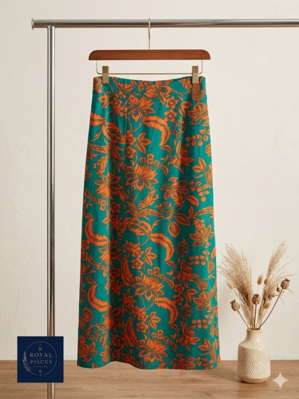 SHEIN Green and Orange Floral A-Line Skirt